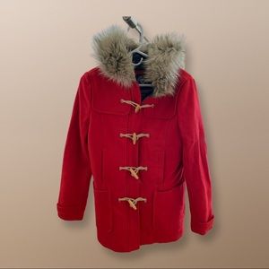 American Eagle Outfitters Red Pea Coat with Faux Fur Hood